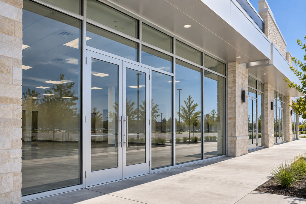 Commercial storefront glazing with clear anodized aluminum framing and glass entrance doors